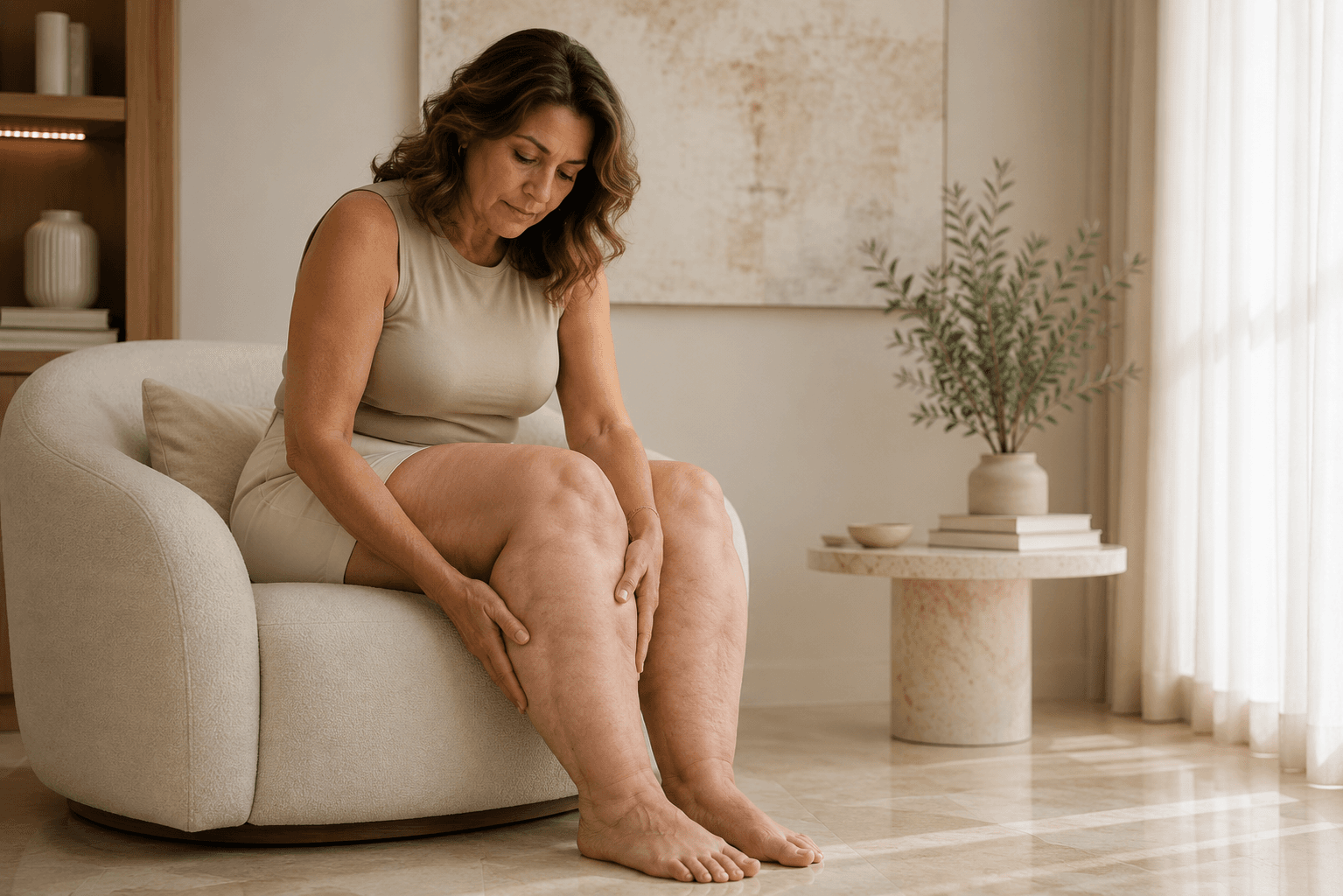 Mulher madura sentada em poltrona clara tocando a perna com lipedema, em ambiente aconchegante