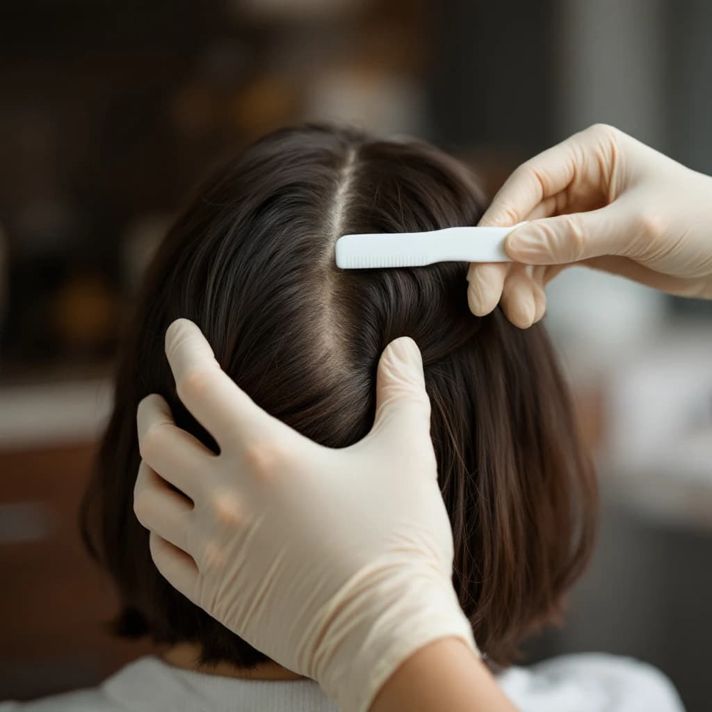 Cabelo castanho tratado separado por pente e mãos profissionais com luvas